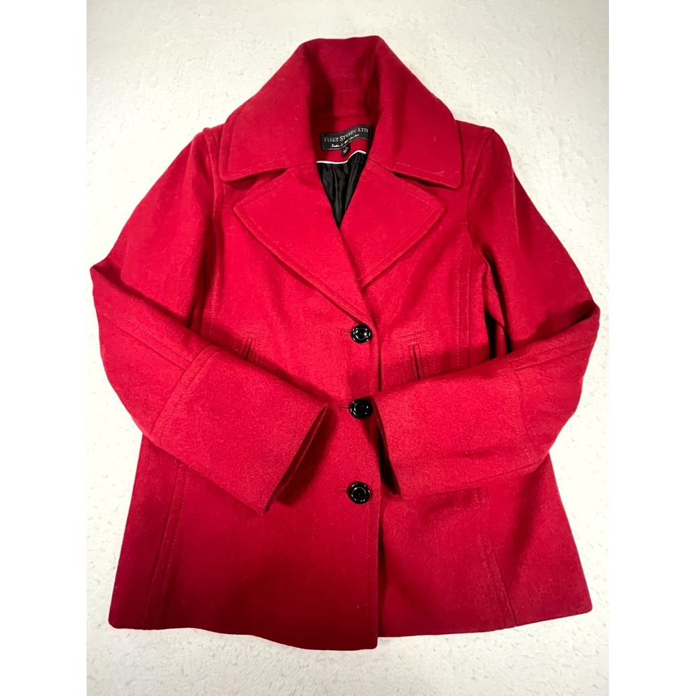 Fleet Street Ltd Blend Peacoat Womens Large Red Wool Lined Notch Lapel Warm Wear